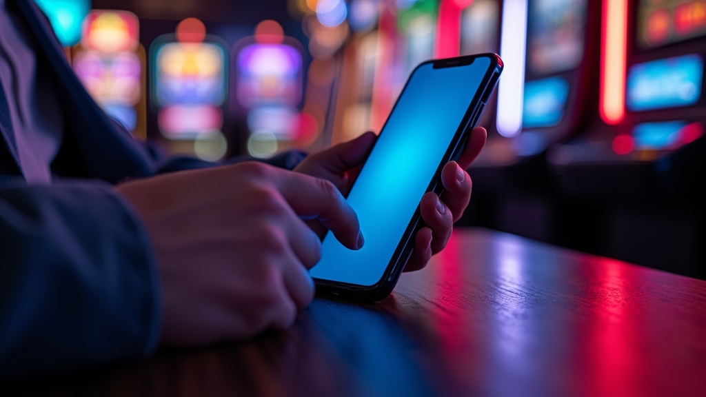 Smartphone installation screen on a dark casino table with neon lighting