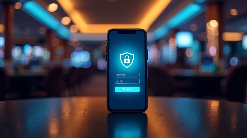 Smartphone login screen in a dim casino setting with neon reflections