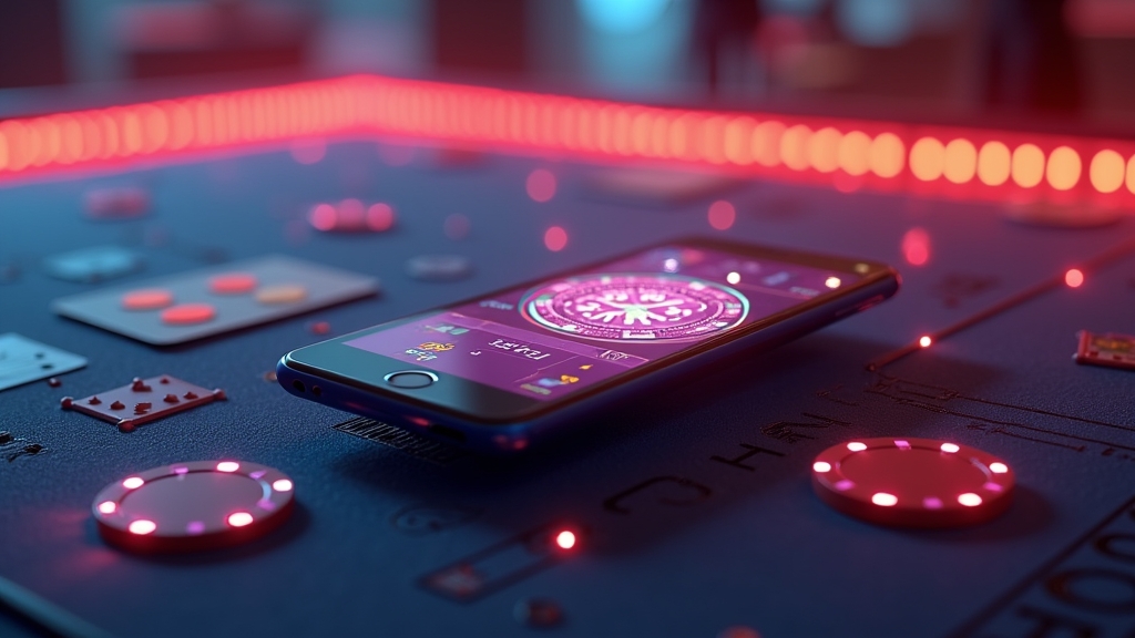 Mobile casino lobby on a smartphone with neon game tiles and dark atmosphere