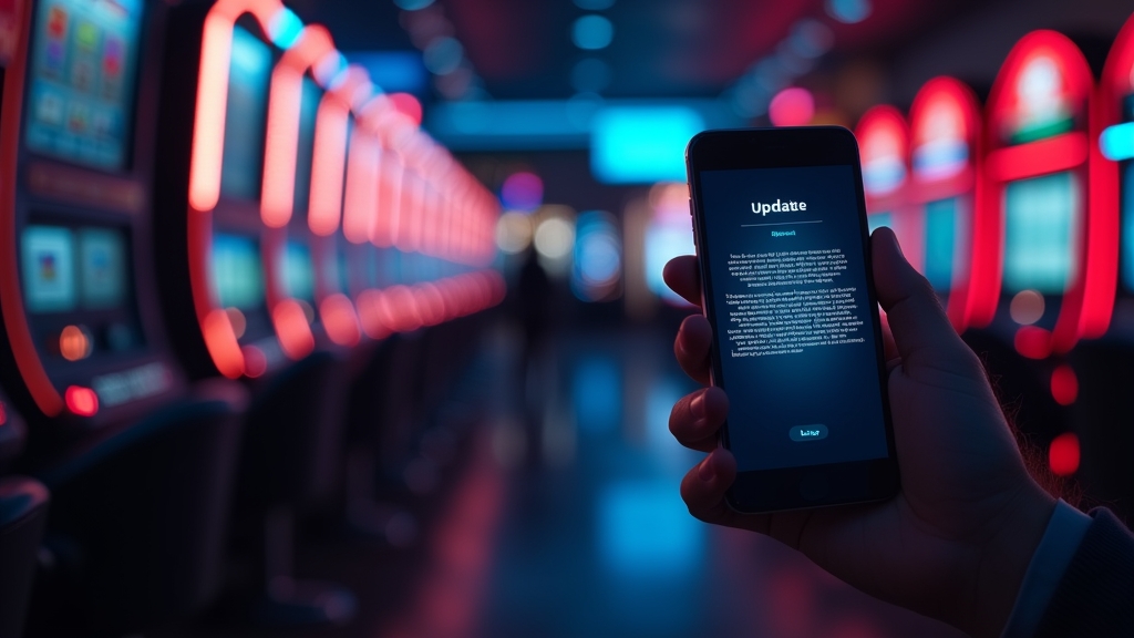 Smartphone update and troubleshooting screen in a neon casino environment