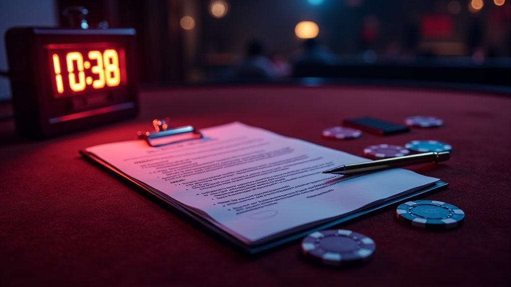A casino bonus rulebook beside chips, timer, and verification documents