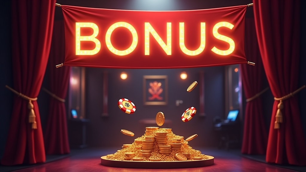 A dark casino lobby with a glowing no deposit offer banner and free spins icons
