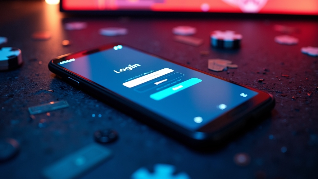 Ein Smartphone und ein Tablet zeigen ein mobiles Casino-Login-Formular in einer dunklen Umgebung