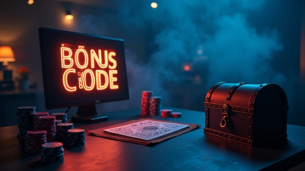 A dark casino desk with bonus codes, chips, and a glowing no deposit reward chest